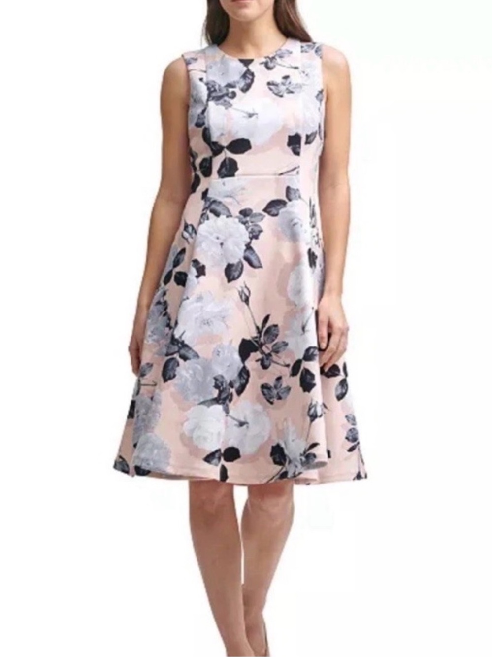 Calvin Klein Blush Pink Floral Fit-and-Flare Midi Dress